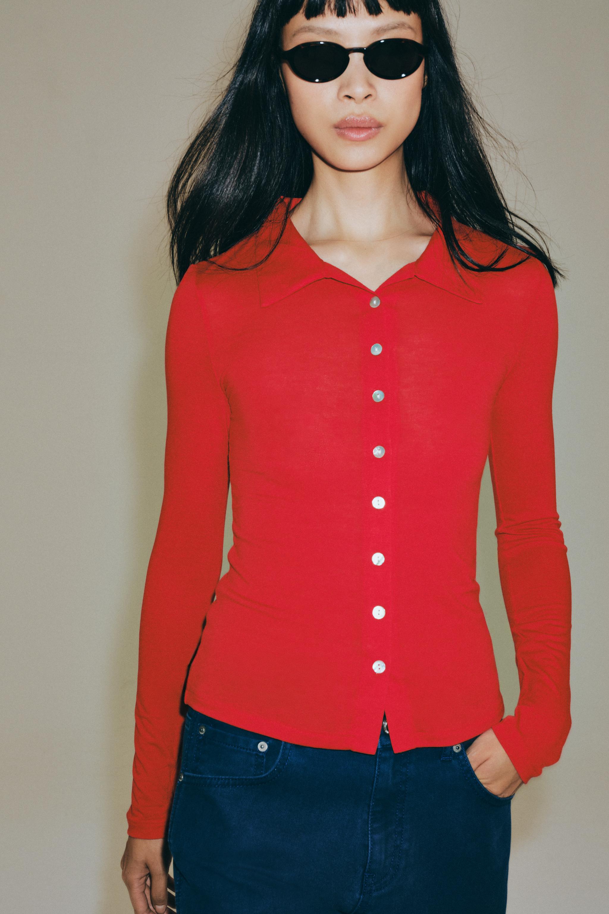 BUTTON-UP TOP — Red