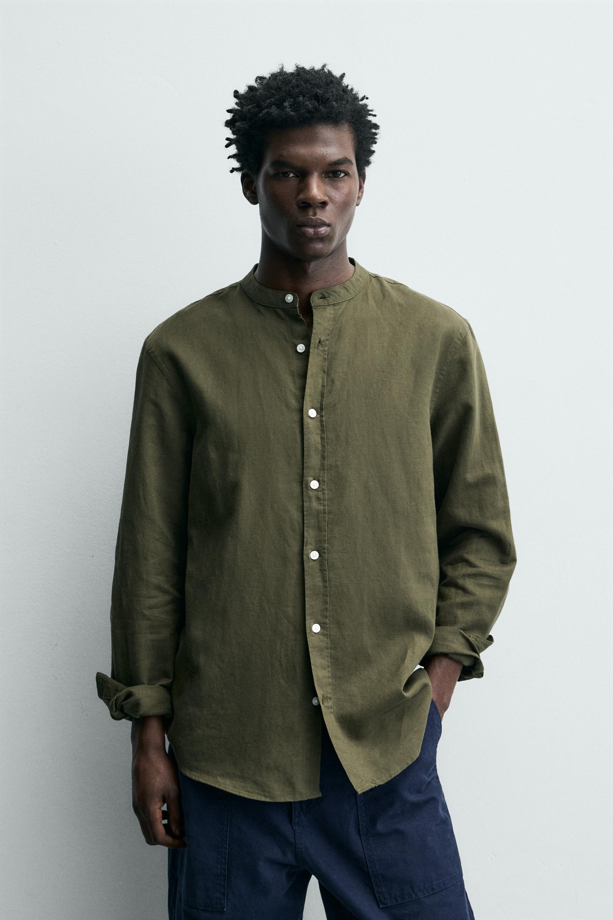 LINEN COTTON RELAXED FIT SHIRT — Khaki (alternate view)
