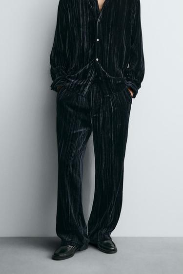 Zara PLEATED VELVET PANTS - Blue / Black