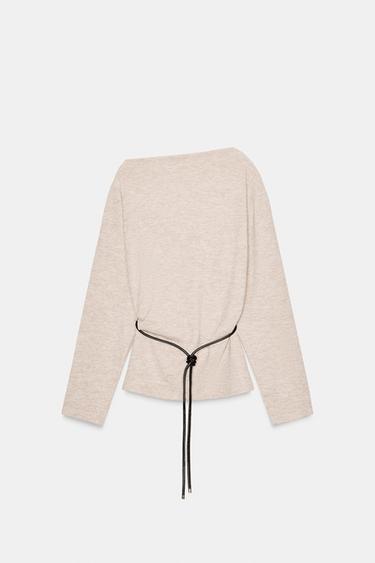 Zara TEXTURED BELTED TOP - Beige marl