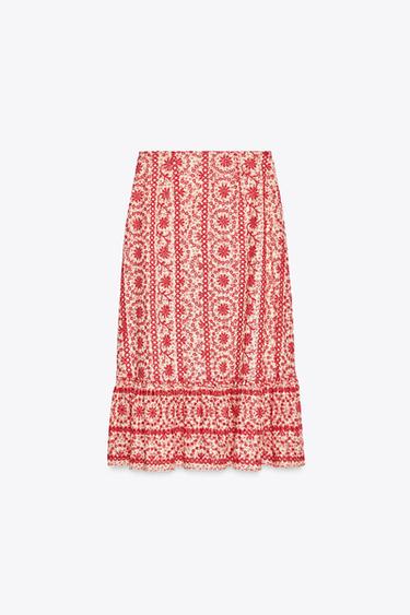 MIDI SKIRT WITH CUTWORK EMBROIDERY - Red by Zara - Image 6