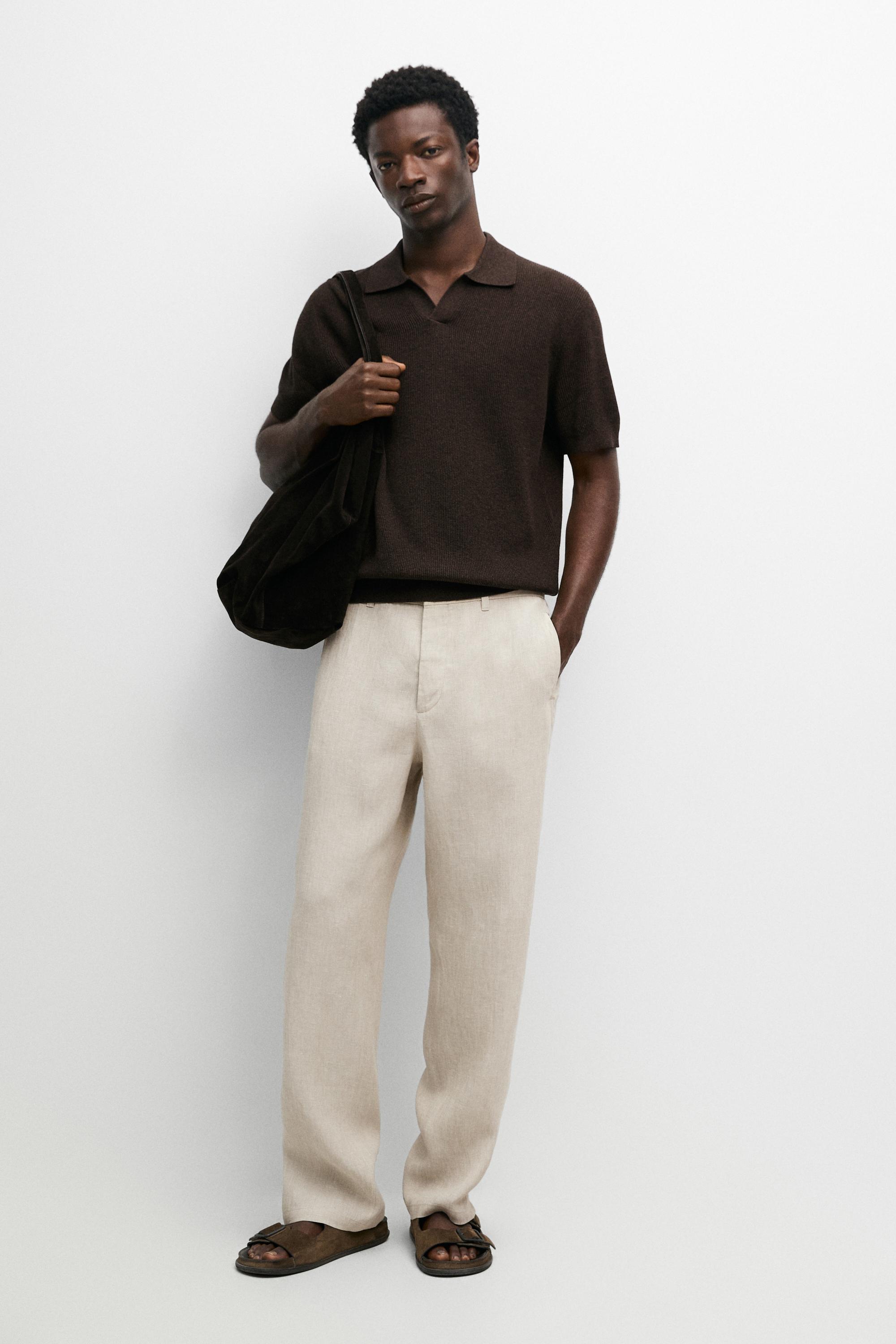 100% Linen Elastic-Waist Pants — Beige