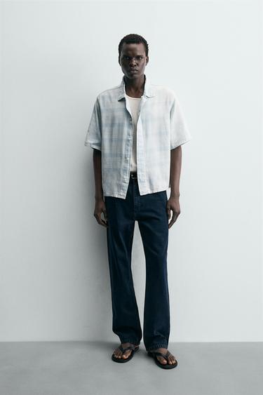 CAMISA DENIM CUADROS - Azul claro de Zara