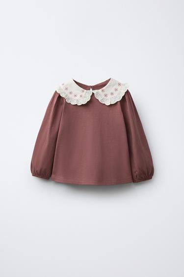 EMBROIDERED PETER PAN COLLAR T-SHIRT - Brown by Zara