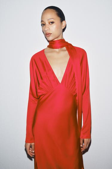 SATIN DRESS WITH BATWING SLEEVES AND SCARF - Red by Zara