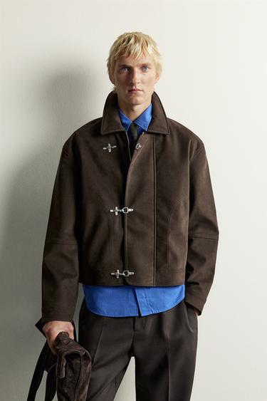 SUEDE-EFFECT FROG FASTENING JACKET — Dark brown 1