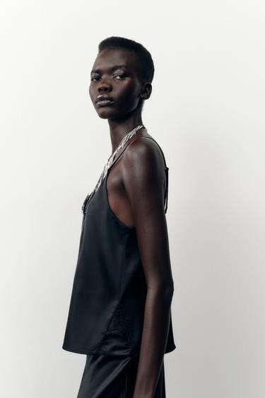 TOP SATINÉ DENTELLE - Noir de Zara - Image 3