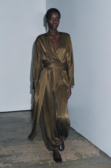 Zara ZW COLLECTION SATIN EFFECT BLOOMER JUMPSUIT - Dark khaki