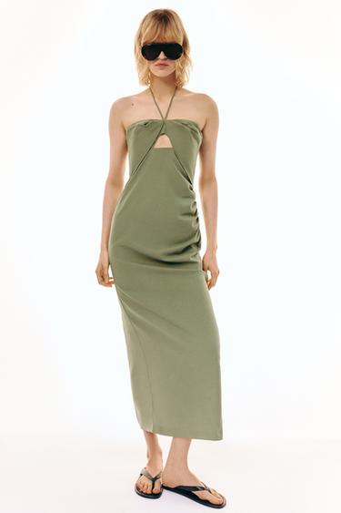 VESTIDO MIDI CUT OUT COM LINHO - Caqui-claro da Zara