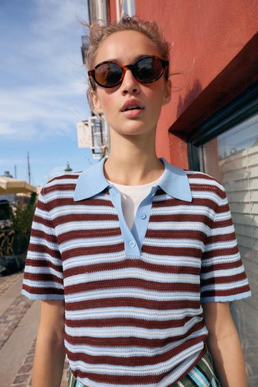 STRIPED KNIT POLO SHIRT - Blue/White by Zara