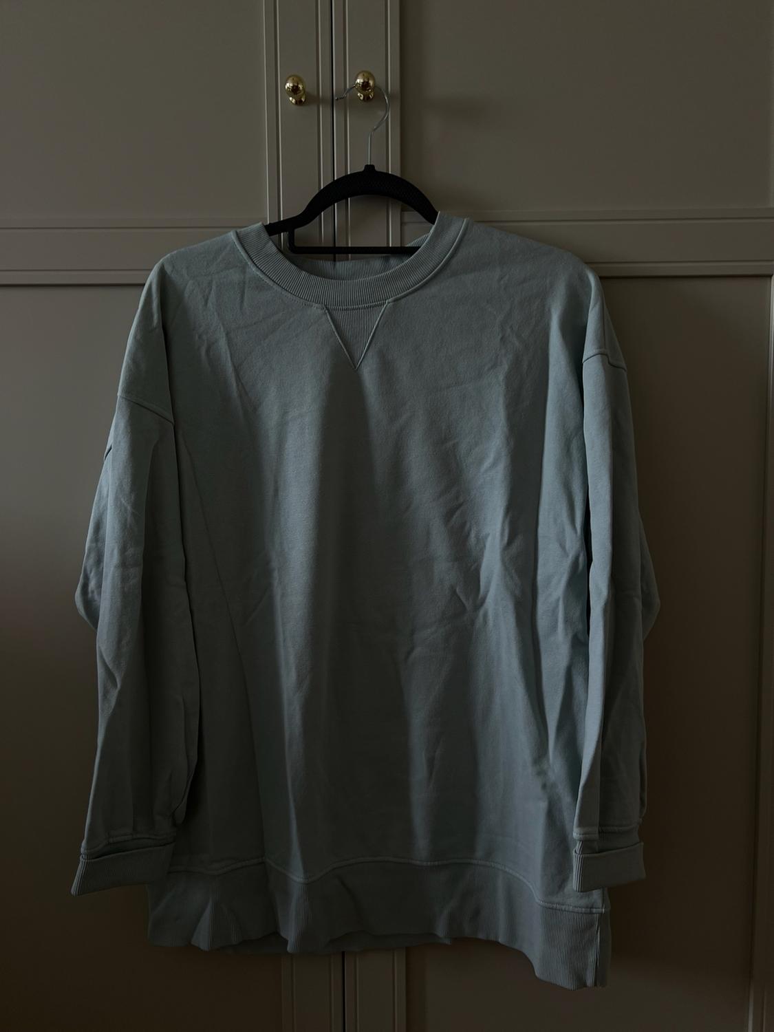 Light blue crew neck sweatshirt hanging on a black hanger in front of the doors of a grey wardrobe with gold knobs.
