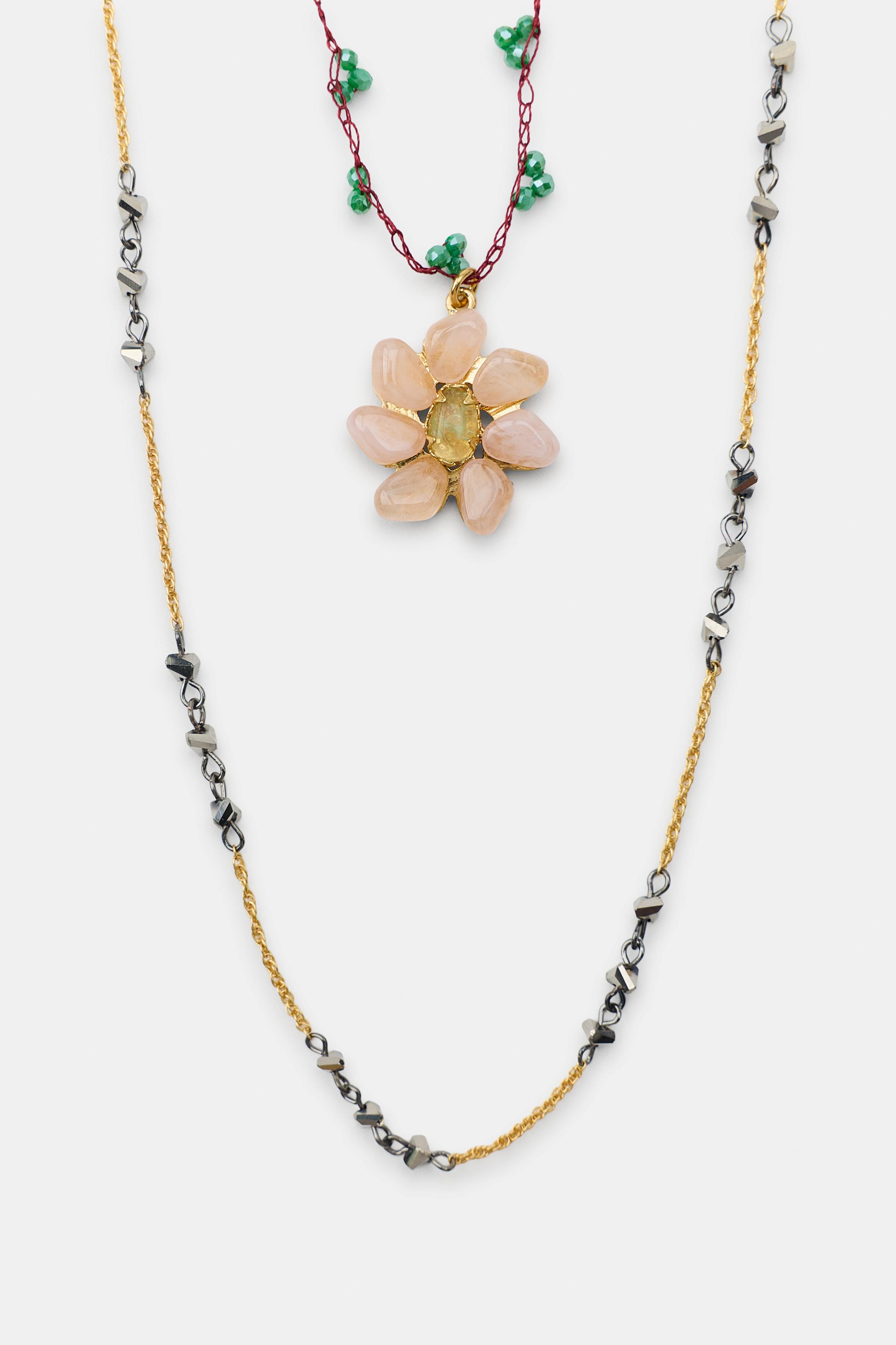 Женские аксессуары Zara PACK OF 2 FLOWER BEAD NECKLACES — фото 3