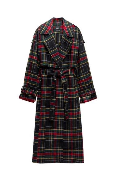 LONG CHECK FELT TEXTURE TRENCH COAT