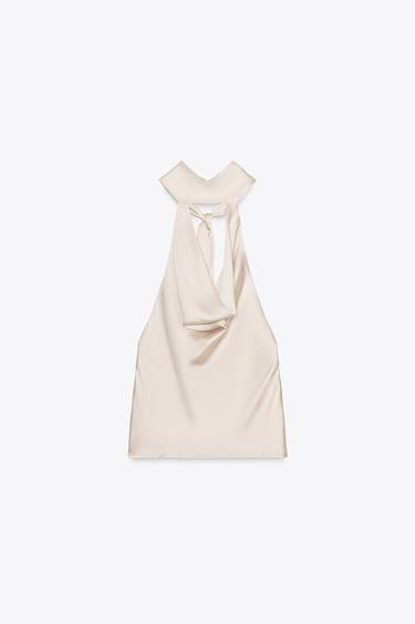 FRINGED SATIN HALTER TOP - Sand by Zara - Image 5