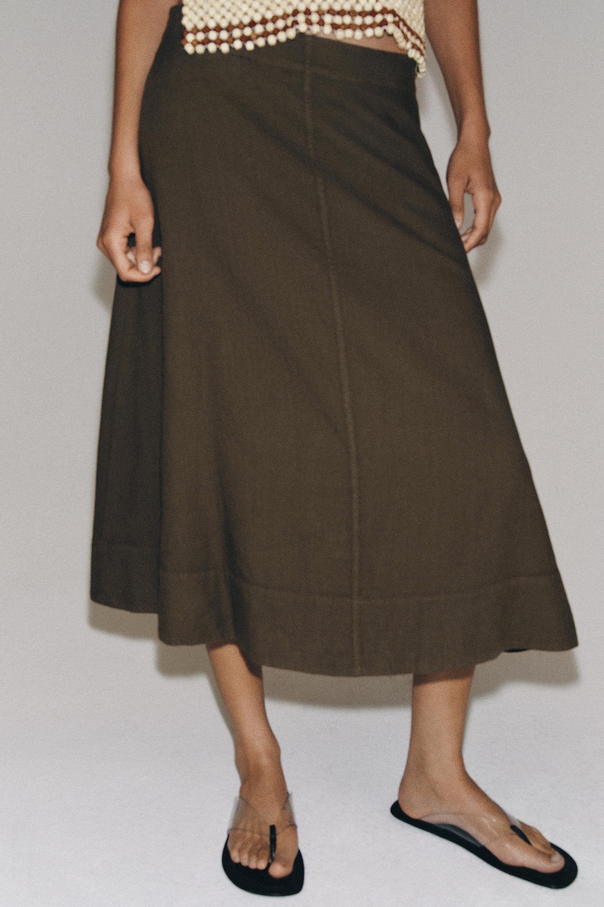 ZW COLLECTION LINEN BLEND MIDI SKIRT — Brown / Taupe