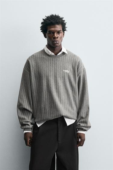 Zara STRIPED TEXTURED SWEATSHIRT - Anthracite grey