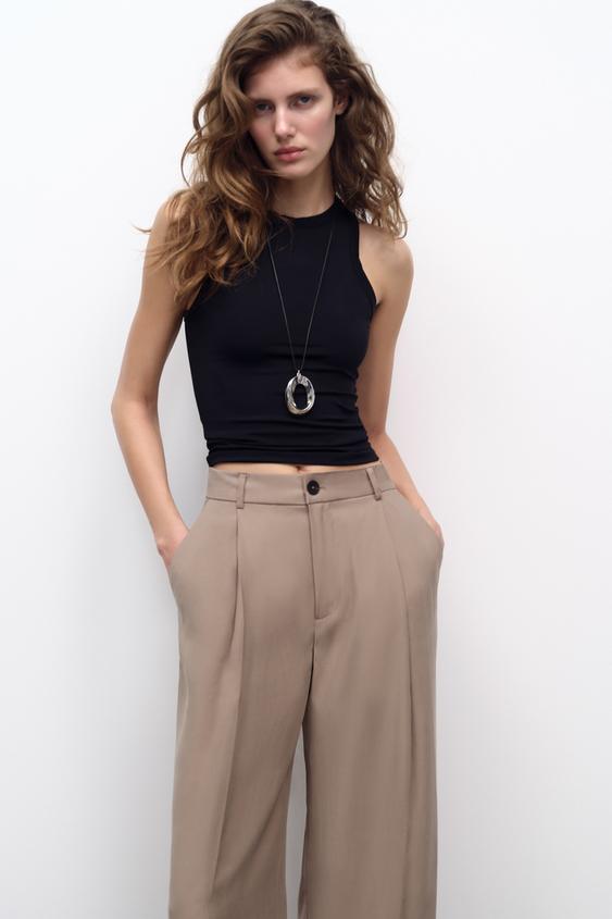 ZARA NWT 4 6 High Waisted Wide Leg Faux Leather Trousers Pants Brown  8741/226