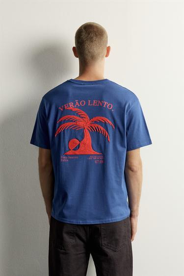 Zara COMBINED EMBROIDERED T-SHIRT - Blue / Black