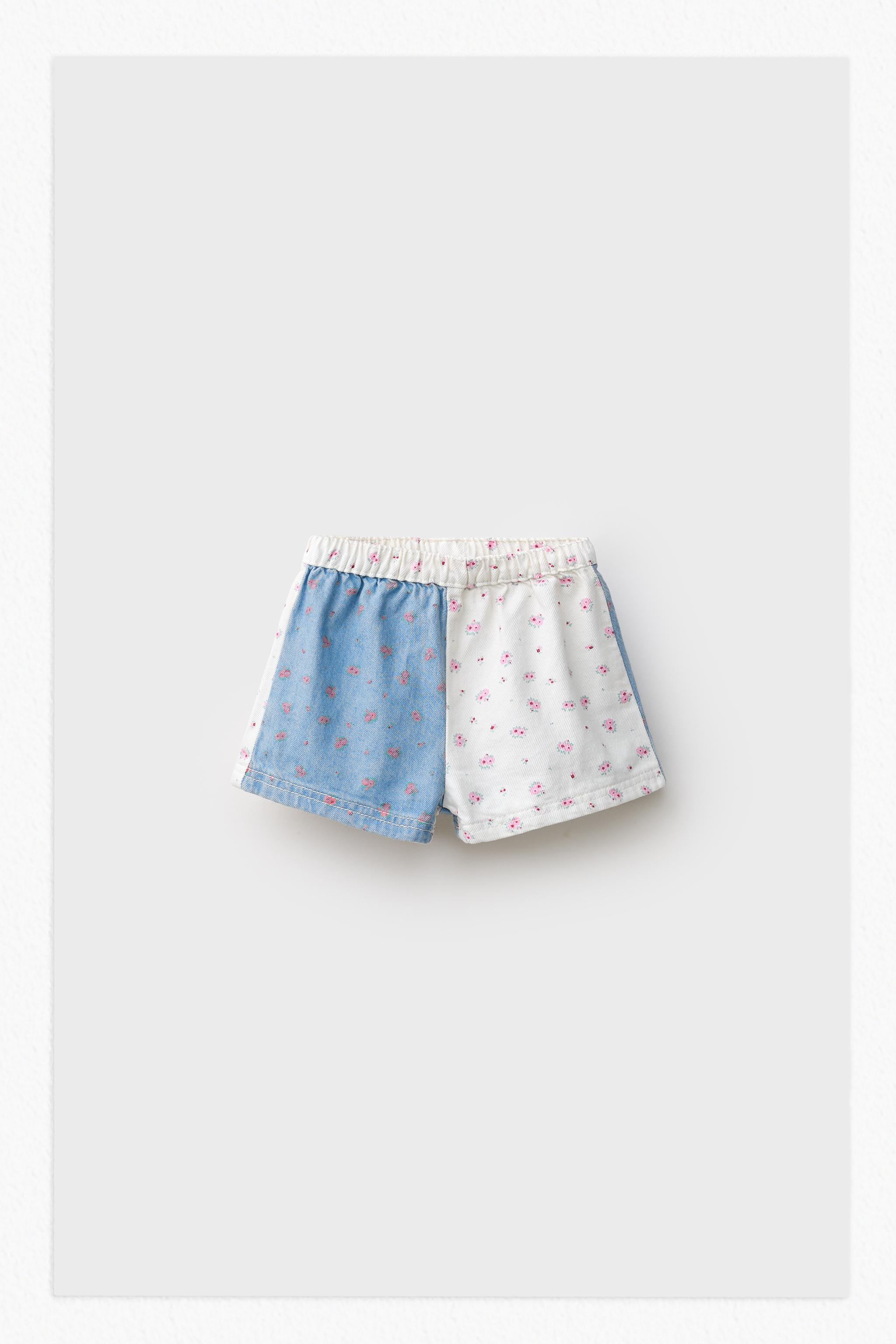 PATCHWORK FLORAL DENIM SHORTS — Blue / White