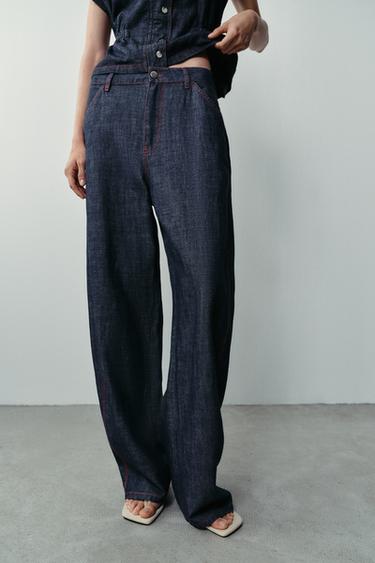 BARREL TROUSERS WITH LINEN BLEND AND CONTRAST STITCHING - Indigo by Zara