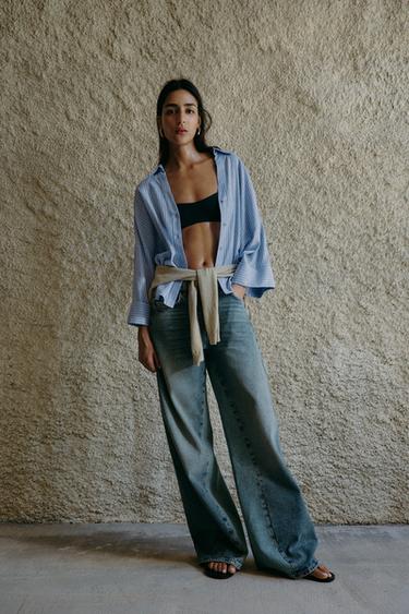 قميص بأكمام قصيرة من الكتان - خطوط الخاص بـ Zara