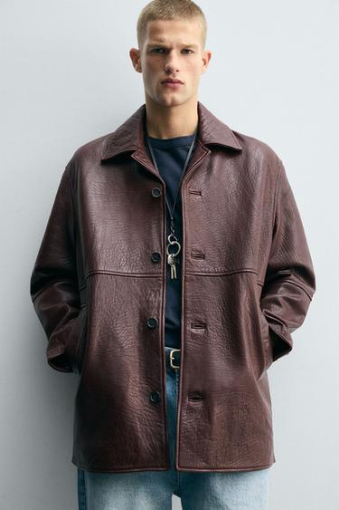 TEXTURED LEATHER JACKET - Burgundy by Zara - Image 4