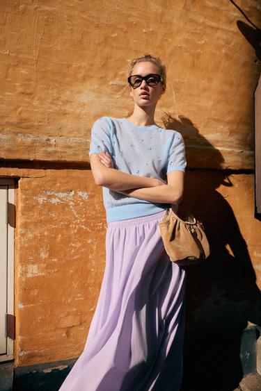 Zara SHORT SLEEVE SEQUIN KNIT TOP - Pastel blue - Image 0