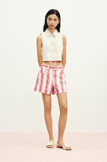 Zara Z1975高腰條紋Mom Fit短褲 - 多色