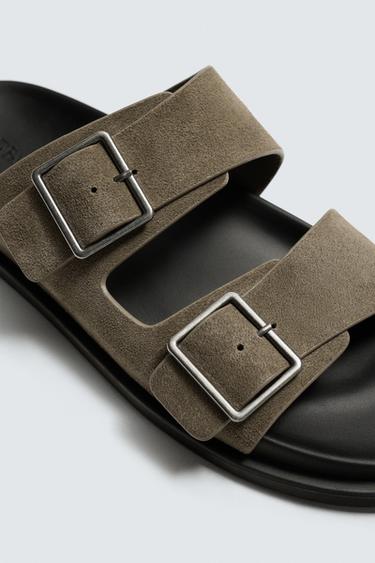 SANDALES EN CUIR À DOUBLE BRIDE - Gris taupe de Zara - Image 5