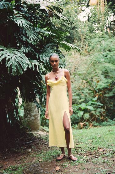 ROBE MIDI AVEC RAMIE VOLANTÉE - Jaune de Zara - Image 3