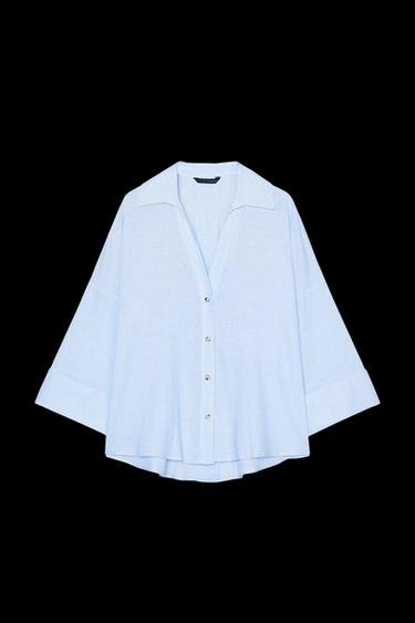 WIDE-SLEEVE LINEN BLEND SHIRT - White / Sky blue by Zara