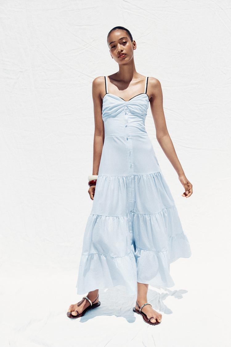 Zara Vestito Bianco E Blu VESTITO MIDI A RIGHE Blu/Bianco ZARA