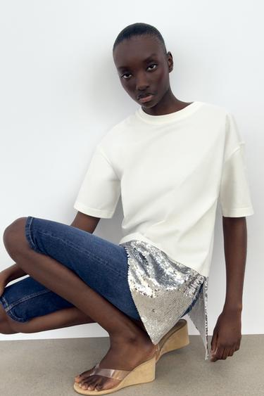T-SHIRT ASYMÉTRIQUE PAILLETTES - Écru de Zara - Image 3
