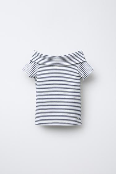 STRIPED OFF-THE-SHOULDER T-SHIRT - Navy blue by Zara - Image 0