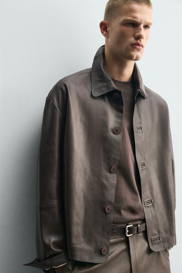 BLOUSON COUPE CARRÉE EN CUIR - Chocolat de Zara - Image 4