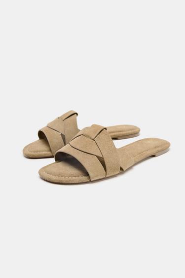 FLAT CRISS-CROSS SPLIT SUEDE SANDALS - Brown by Zara - Image 3