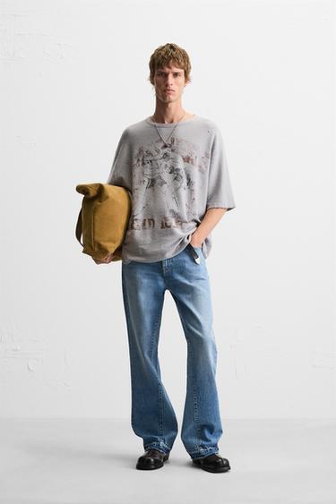 T-SHIRT EN MAILLE IMPRIMÉ DÉLAVÉ - Gris perle de Zara