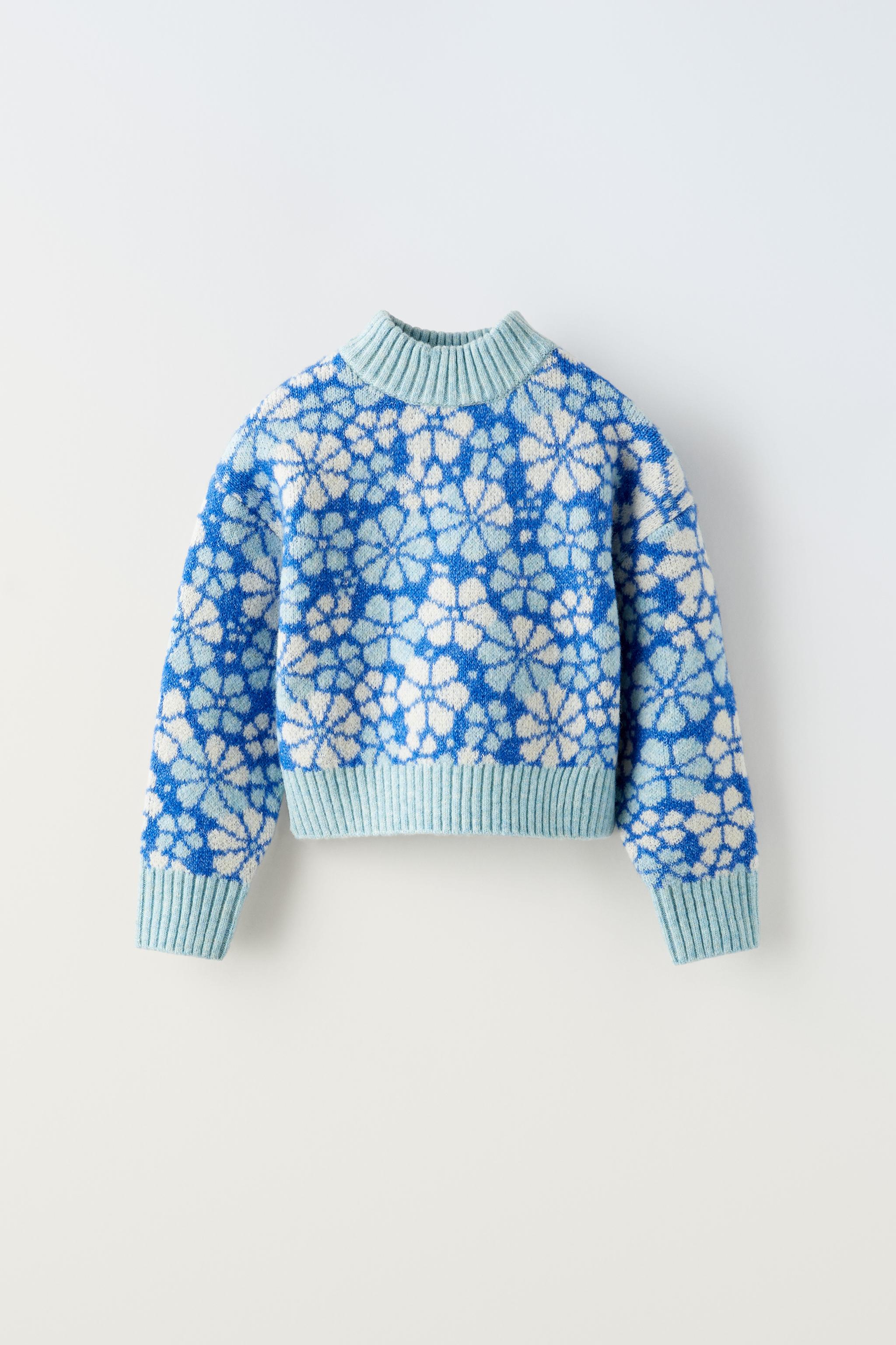 FLORAL JACQUARD KNIT SWEATER - Blue / White