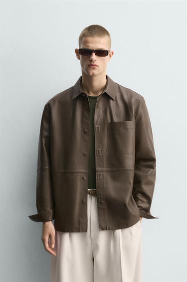 LEATHER SHIRT WITH POCKET - Khaki by Zara