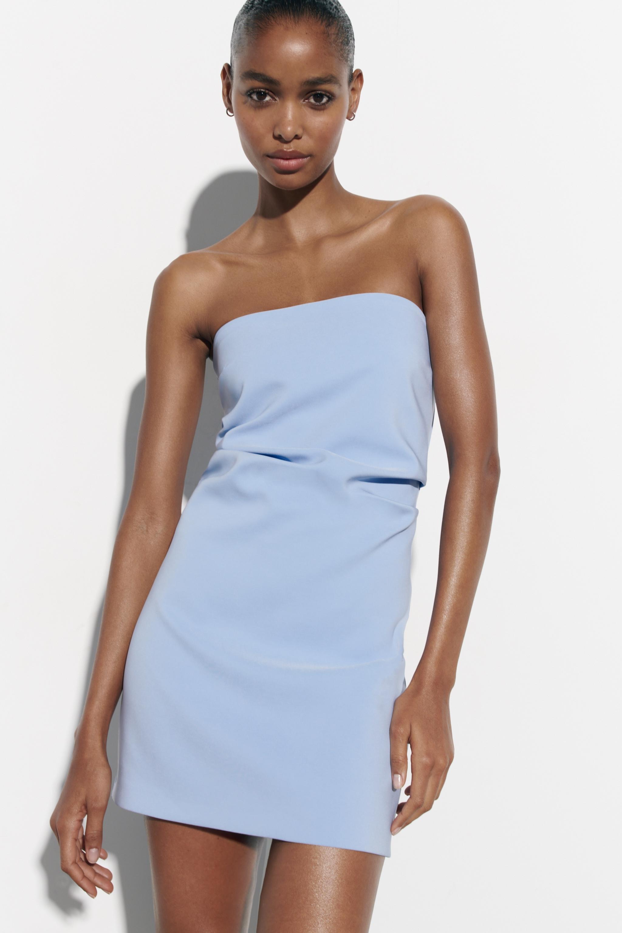 STRAPLESS SHORT DRESS - Pastel blue