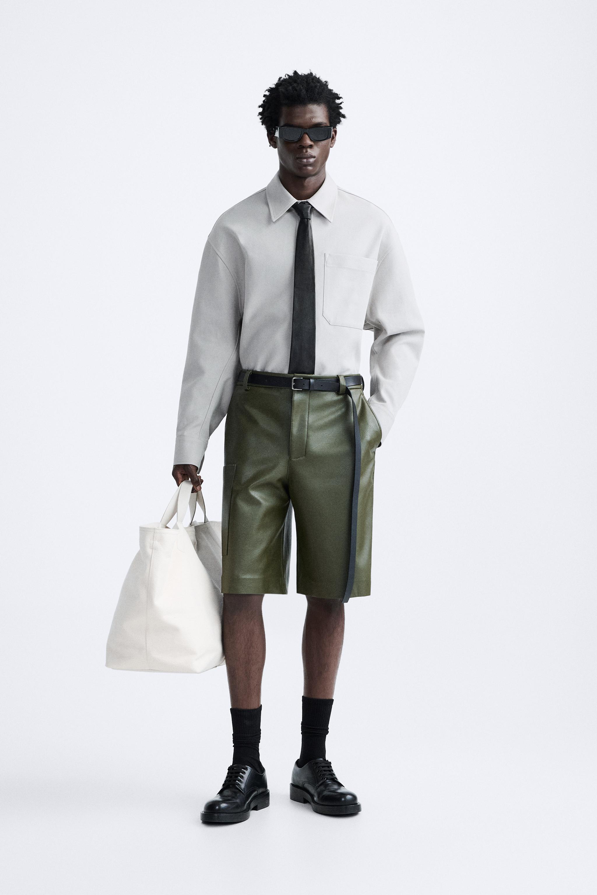 FAUX LEATHER CARGO SHORTS - Green