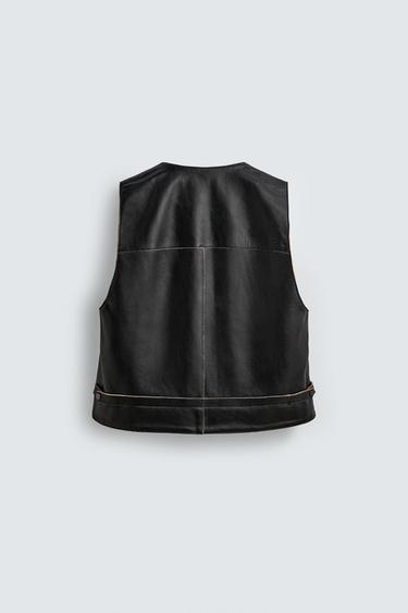 GILET EN CUIR COUTURES CONTRASTANTES - Noir de Zara - Image 7
