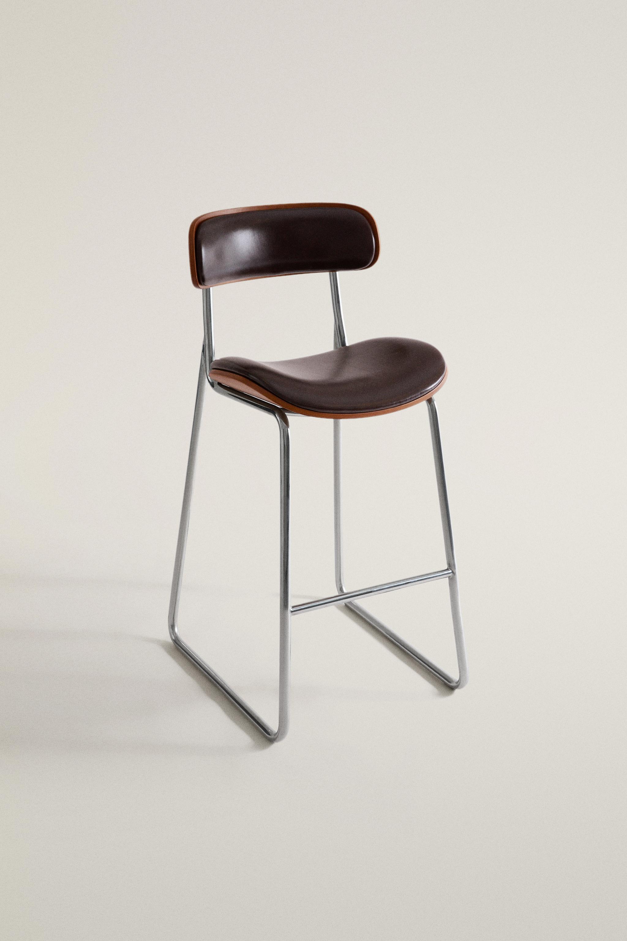 LEATHER AND STAINLESS STEEL HIGH STOOL - Chocolate brown | ZARA