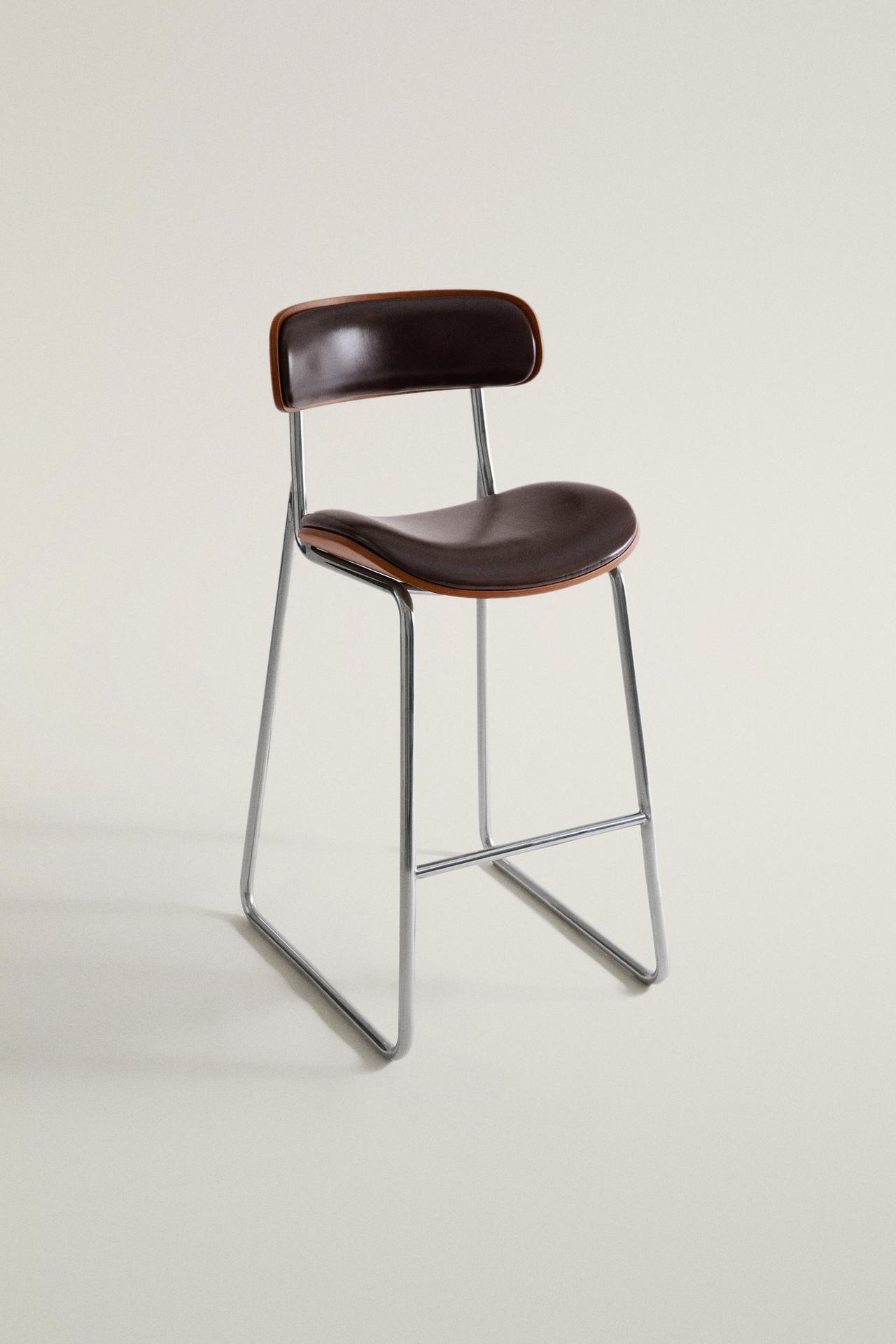 LEATHER AND STAINLESS STEEL HIGH STOOL — Chocolate brown