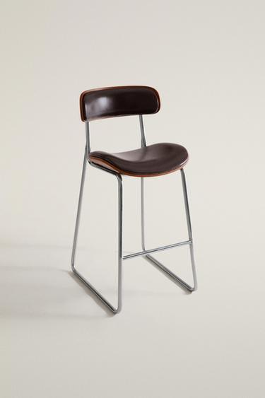 LEATHER AND STAINLESS STEEL HIGH STOOL — Chocolate brown 2