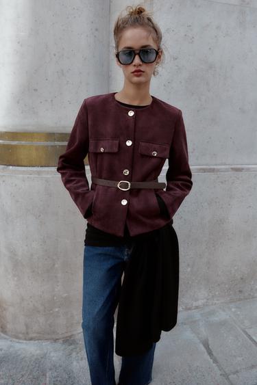 FAUX SUEDE BLAZER WITH BELT - Burgundy by Zara - Image 3