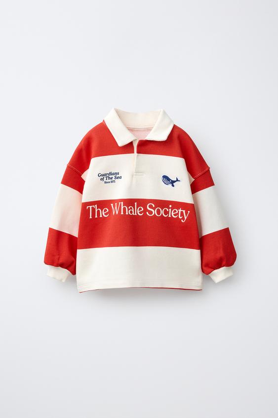 EMBROIDERED WHALE STRIPED POLO SHIRT - Red by Zara - Image 0
