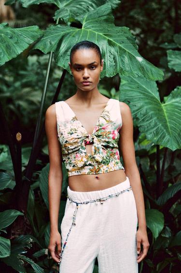 Zara KNOTTED PRINTED CROP TOP - Multicolored