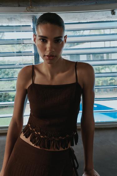 Zara FRINGED CROP TOP - Brown