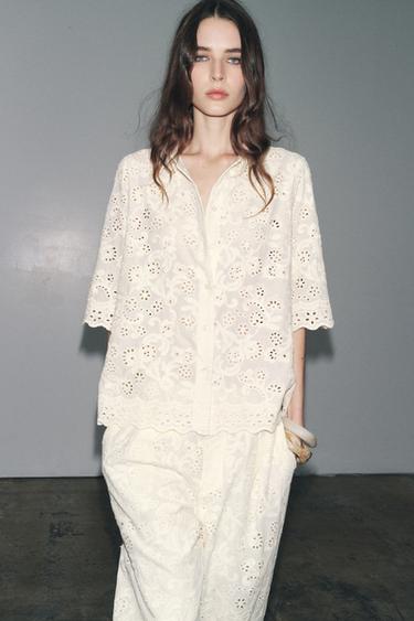 Zara ZW COLLECTION EYELET EMBROIDERY SHIRT - Ecru